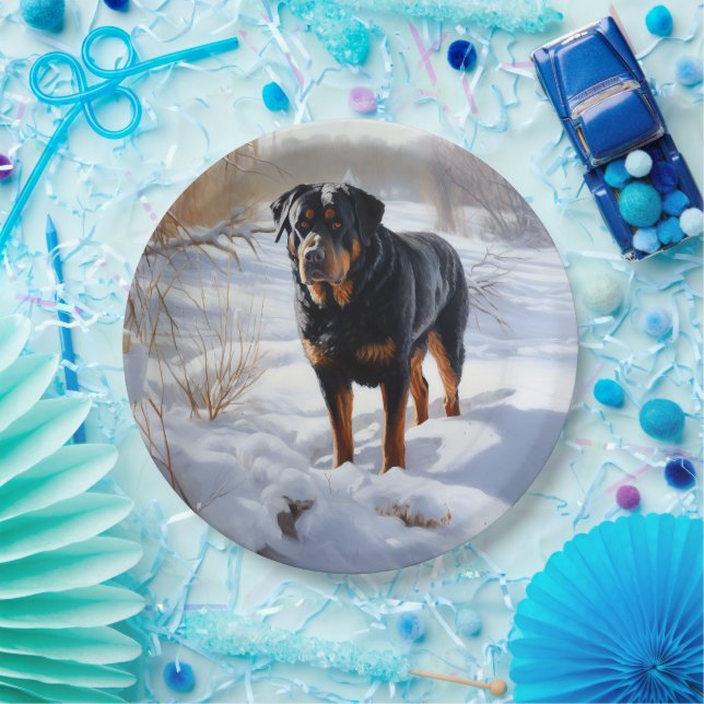 Plato De Papel Rottweiler Deja que nieve Navidad (Fiesta)
