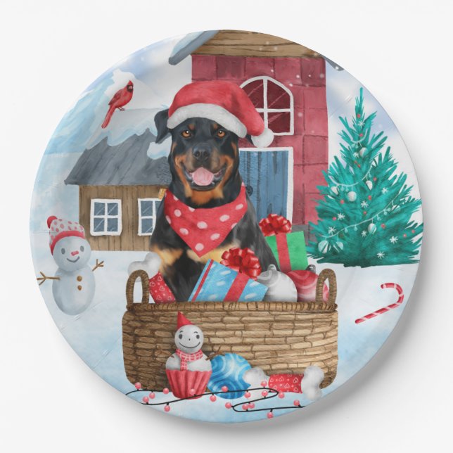 Plato De Papel Rottweiler Dog In snow Christmas Dog House (Anverso)
