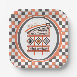 Plato De Papel Rótulo de Halloween retro vintage - Trick o trenza