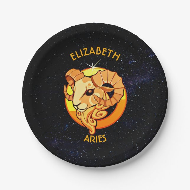Plato De Papel Rótulo del cumpleaños del zodiaco del aries con su (Anverso)