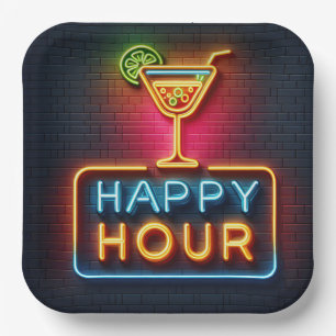 Plato De Papel Rótulo Neon Happy Hour