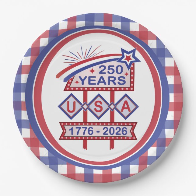 Plato De Papel Rótulo Retro USA 250 Aniversario Marquee 1776-2026 (Anverso)