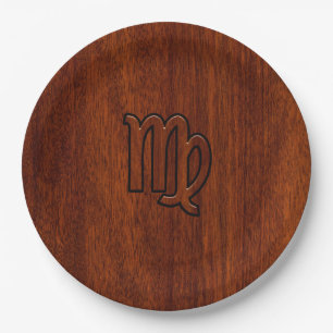 Plato De Papel Rótulo Virgo Zodiac en rico estilo madera de caoba