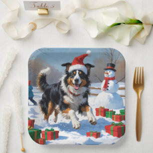 Plato De Papel Rough Collie corriendo en la nieve con sombrero de
