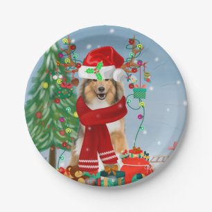 Plato De Papel Rough Collie Dog in Snow Navidades