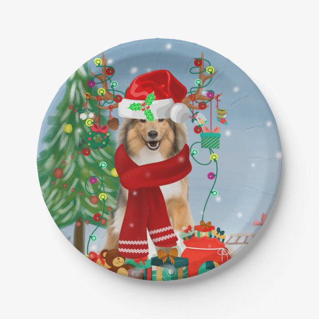 Plato De Papel Rough Collie Dog in Snow Navidades (Anverso)