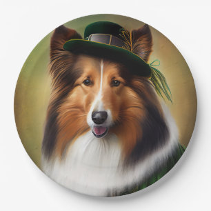 Plato De Papel Rough Collie Dog in St. Patrick's Day Vress