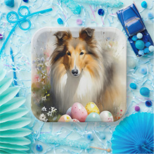 Plato De Papel Rough Collie Dog with Easter Eggs Holiday