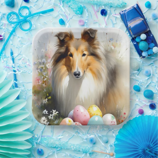 Plato De Papel Rough Collie Dog with Easter Eggs Holiday (Fiesta)