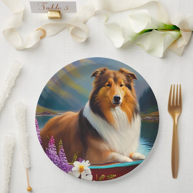 Plato De Papel Rough Collie on a Paddle: Una aventura panorámica (Boda)