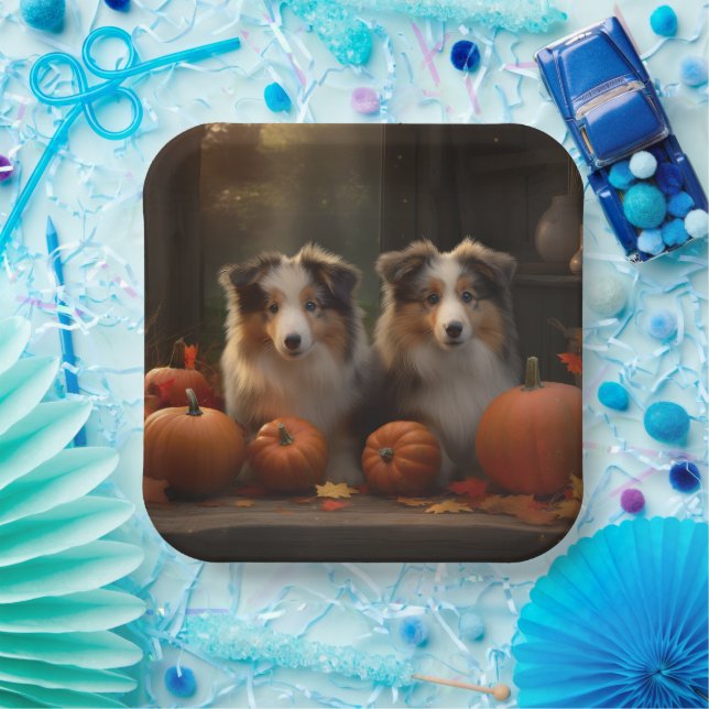 Plato De Papel Rough Collie Puppy Calabaza deslumbrante otoño (Fiesta)