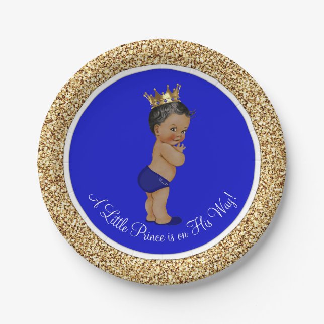 Plato De Papel Royal Blue African American Prince Baby Shower (Anverso)