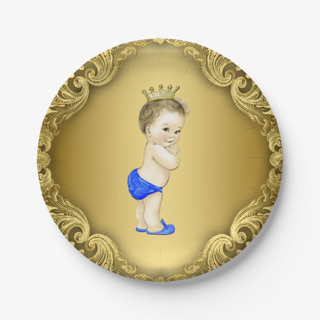 Plato De Papel Royal Blue and Gold Prince Baby Shower (Anverso)