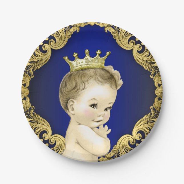 Plato De Papel Royal Blue and Gold Prince Baby Shower (Anverso)