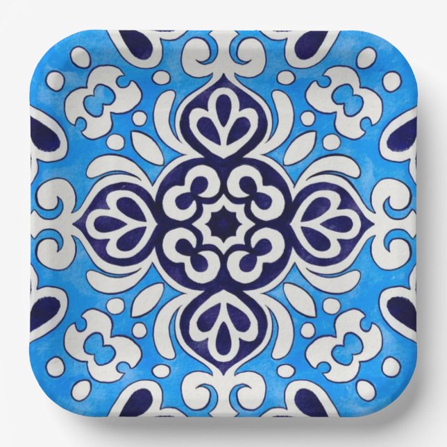Plato De Papel Royal Blue Ceramic Classic Geometric Mosaic  (Anverso)