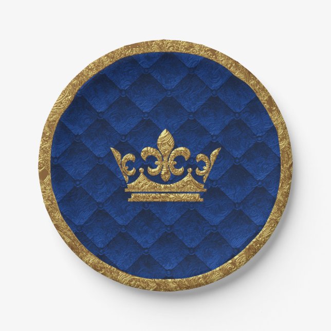 Plato De Papel Royal Blue & Gold Crown Elegant Royal Storybook (Anverso)