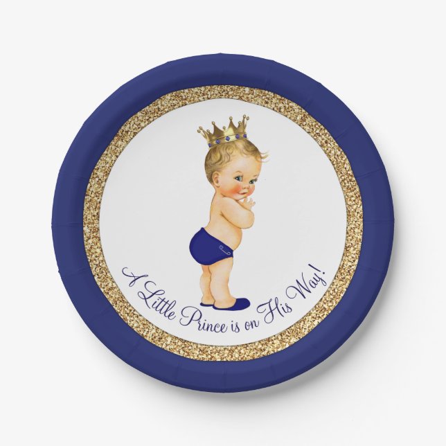 Plato De Papel Royal Blue Gold Prince Baby Shower (Anverso)