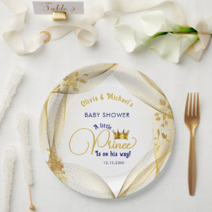 Plato De Papel Royal Blue Gold Prince Baby Shower