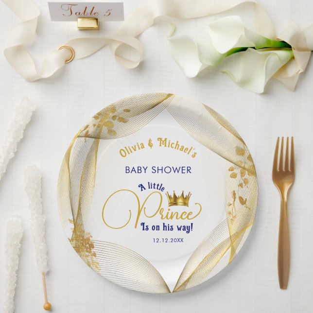 Plato De Papel Royal Blue Gold Prince Baby Shower (Boda)