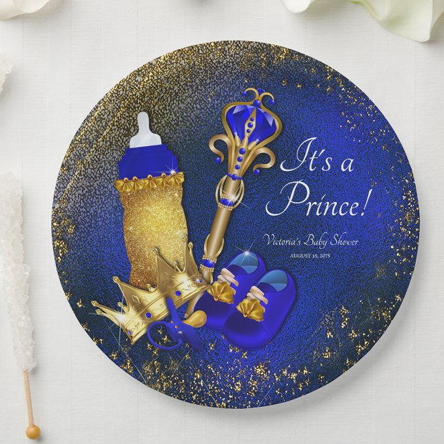 Plato De Papel Royal Blue Gold Prince Baby Shower (You can change the text as needed for your event.)