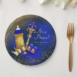 Plato De Papel Royal Blue Gold Prince Baby Shower