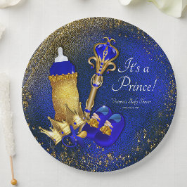 Plato De Papel Royal Blue Gold Prince Baby Shower