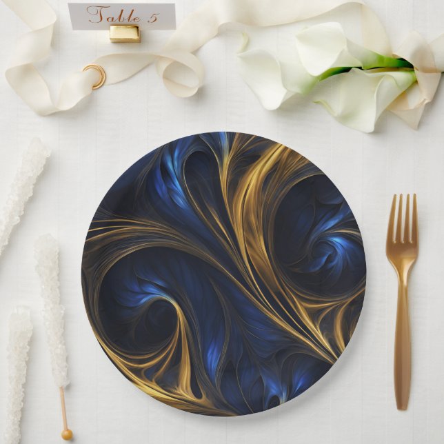 Plato De Papel Royal Blue Gold Resumen Swirl (Boda)