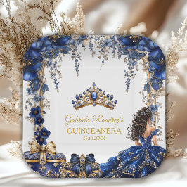 Plato De Papel Royal Blue Golden Tiara Floral Quinceañera