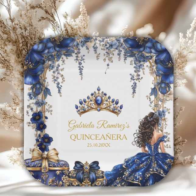 Plato De Papel Royal Blue Golden Tiara Floral Quinceañera (Subido por el creador)
