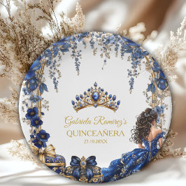 Plato De Papel Royal Blue Golden Tiara Floral Quinceañera
