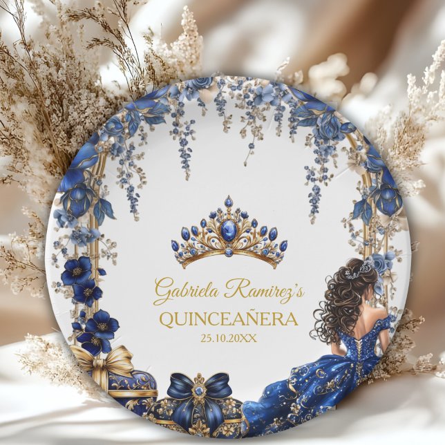 Plato De Papel Royal Blue Golden Tiara Floral Quinceañera (Subido por el creador)