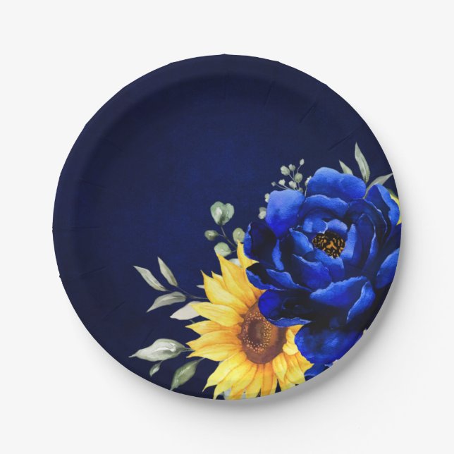Plato De Papel Royal Blue Rustic Sunflower Moderno Boda Floral (Anverso)