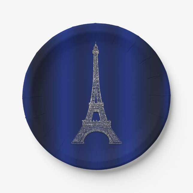 Plato De Papel Royal Blue Silver Torre Eiffel Moda de París Boda (Anverso)