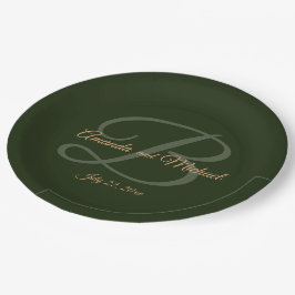 Plato De Papel Royal DarDark Green deja Boda del marco dorado