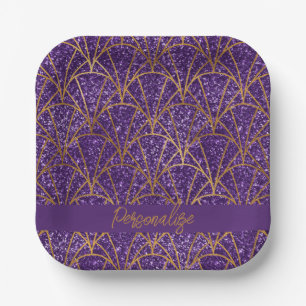 Plato De Papel Royal Deco Purple Purpurina Gold Geométrico Elegan