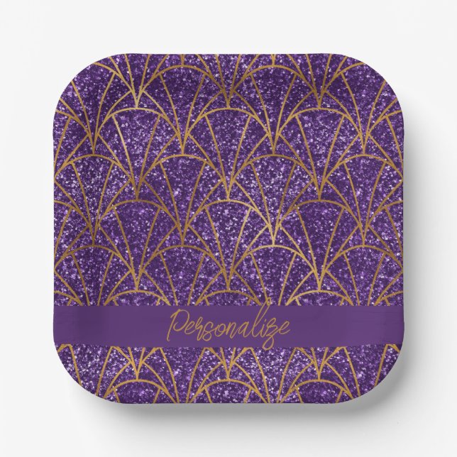Plato De Papel Royal Deco Purple Purpurina Gold Geométrico Elegan (Anverso)