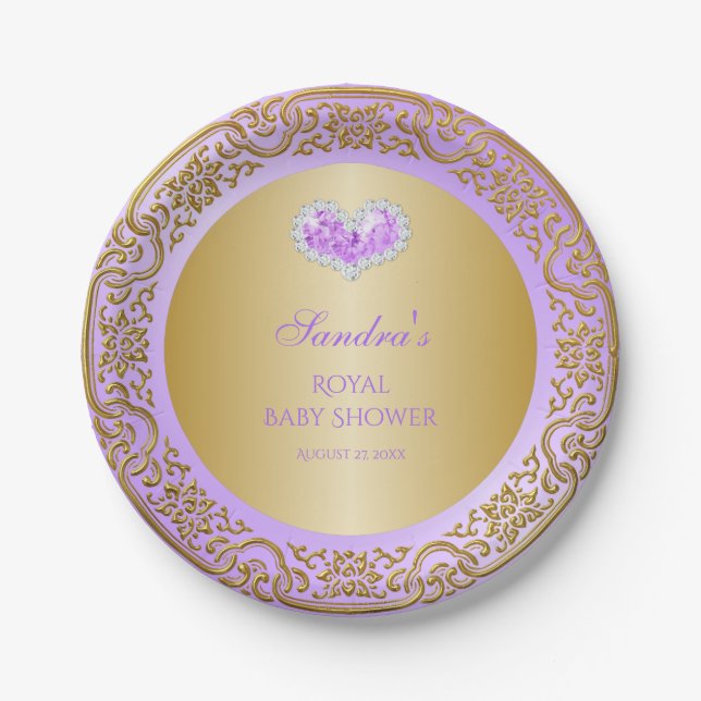 Plato De Papel Royal Princess Lavender Gold Diamond Heart Gem (Anverso)