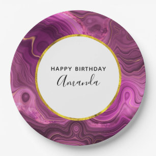 Plato De Papel Royal Purple Y Gold Agate Resumen Cumpleaños