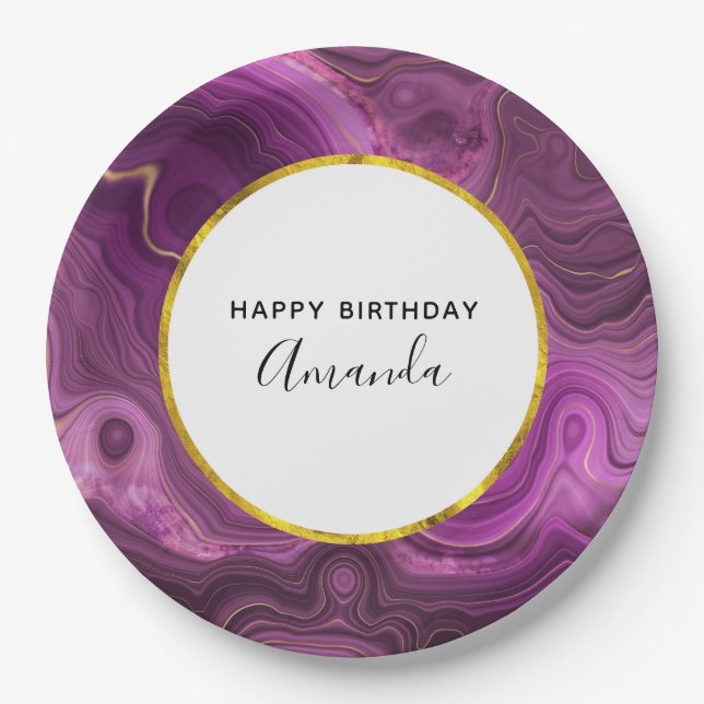 Plato De Papel Royal Purple Y Gold Agate Resumen Cumpleaños (Anverso)