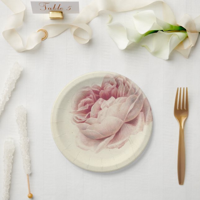 Plato De Papel Roze Roos (1792) - Arte botánico de época (Boda)