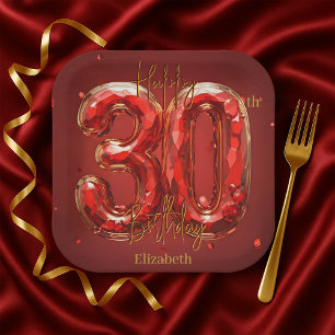 Plato De Papel Rubí Piedra Preciosa Elegante y Oro Cumpleaños 30