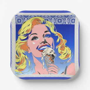 Plato De Papel Rubia Comiendo Helado Estilo Pop Art Colorido de l