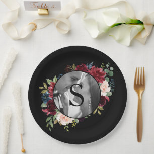 Plato De Papel Rubor Burgundy Photo Monogram Boda floral