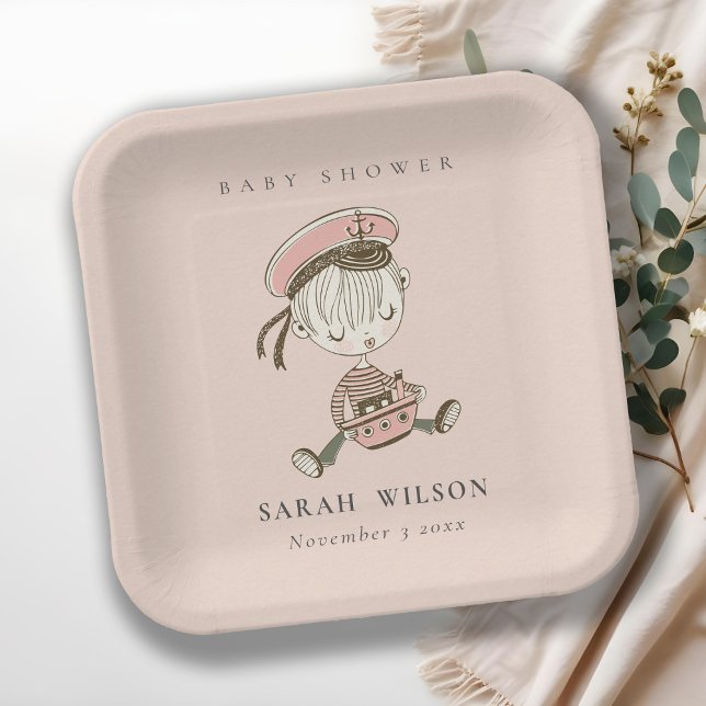 Plato De Papel Rubor Chica Rosa Pequeño marinero Nautical Baby Sh (Subido por el creador)