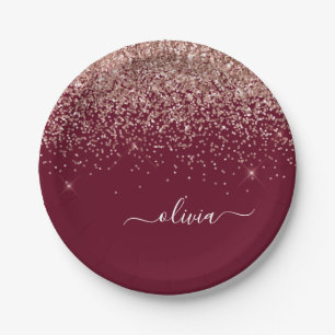 Plato De Papel Rubor de Borgoña Rosa Dorado Glitter Monograma