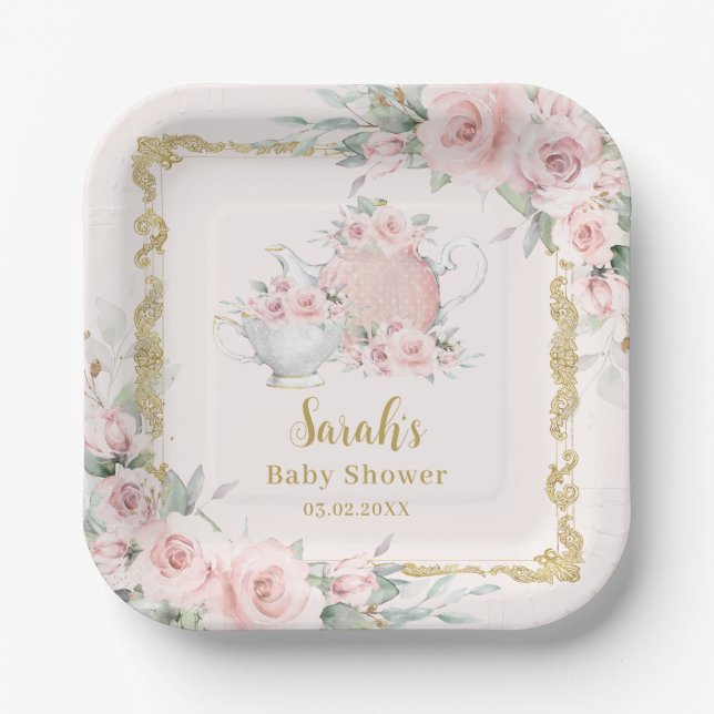 Plato De Papel Rubor Floral High Tea Fiesta Cumpleaños Baby Showe (Anverso)