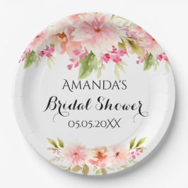 Plato De Papel Rubor floral rosa para ducha nupcial nombre blanco