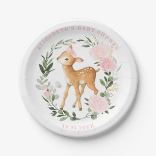 Plato De Papel Rubor Gold Floral Deer Baby Greenery Forest Shower