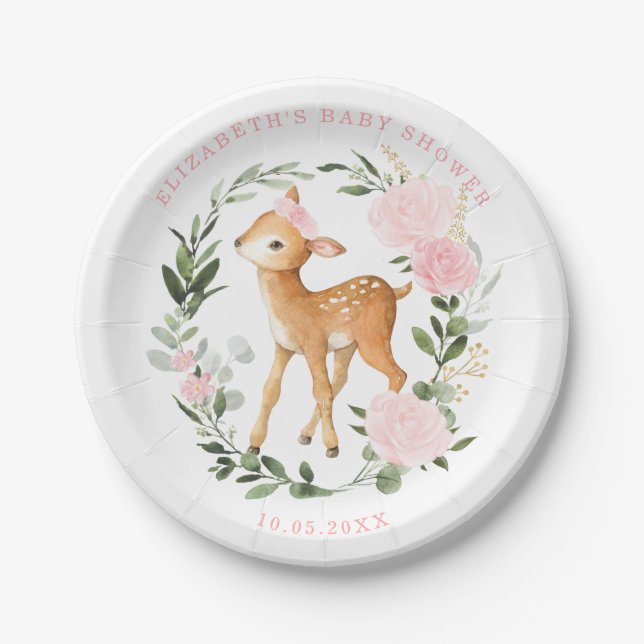 Plato De Papel Rubor Gold Floral Deer Baby Greenery Forest Shower (Anverso)