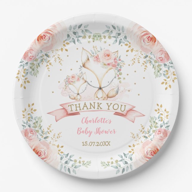 Plato De Papel Rubor Gold Floral Fox Boho Woodland Baby Shower (Anverso)